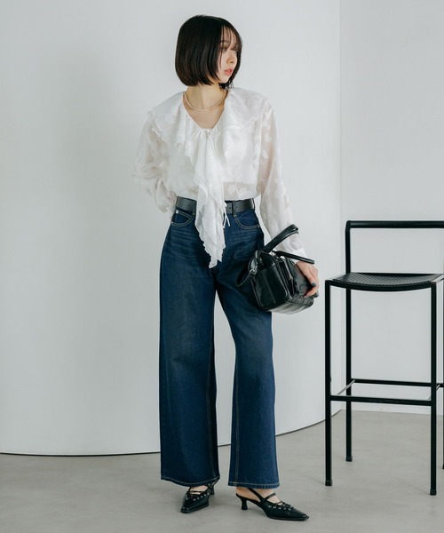 PAGEBOY（ページボーイ）の「シアーレースジャガードフリルブラウス（シャツ/ブラウス・レディース・ネイビー/ブラック/オフホワイト・FREE）」の5枚目の写真