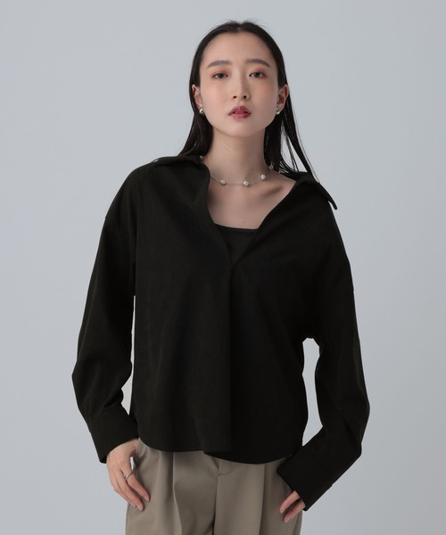 LEPSIM（レプシィム）の「スキッパーピケ長袖ブラウス　640880（シャツ/ブラウス・レディース・グレイッシュベージュ/ブラック・FREE）」の2枚目の写真