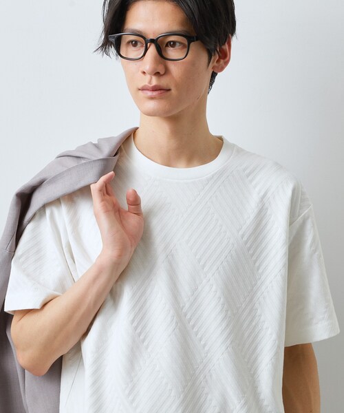 THE SHOP TK (ザ ショップ ティーケー )の「【ジャケットインにもおすすめ!】ジャカード リンクス半袖Tシャツ 洗濯機OK(Tシャツ/カットソー・メンズ・オフホワイト/ブルーグリーン/ブラック・01/02/04/03)」の2枚目の写真