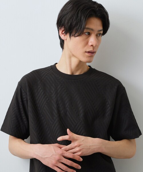 THE SHOP TK (ザ ショップ ティーケー )の「【ジャケットインにもおすすめ!】ジャカード リンクス半袖Tシャツ 洗濯機OK(Tシャツ/カットソー・メンズ・オフホワイト/ブルーグリーン/ブラック・01/02/04/03)」の3枚目の写真