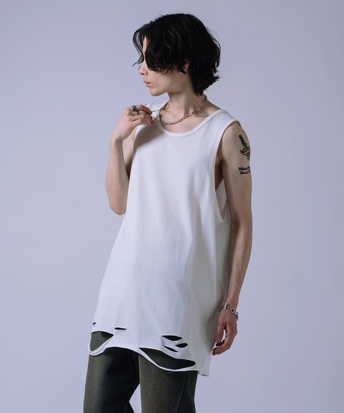 improves(インプローブス)の「ダメージ加工 ロング丈 タンクトップ(タンクトップ・メンズ・ホワイト/ホワイト系/ブラック/グレー系/グレー・FREE)」の1枚目の写真