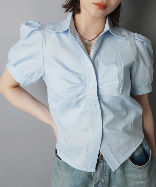 SPINNS（スピンズ）の「スキッパーネック半袖シャツ/ギャザー（シャツ/ブラウス・レディース・ブラック/オフホワイト/サックスブルー・ONESIZE）」の14枚目の写真
