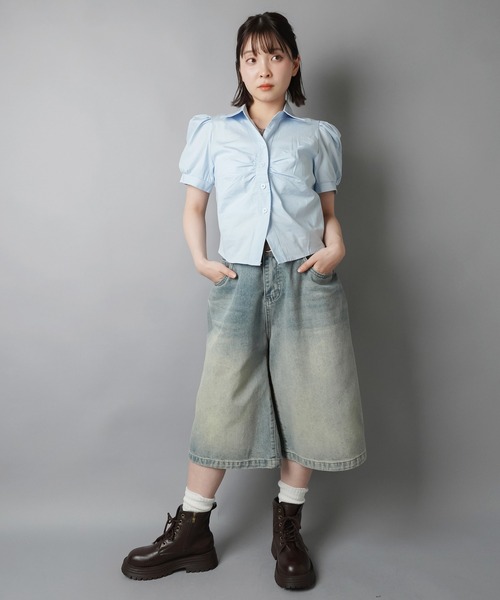 SPINNS（スピンズ）の「スキッパーネック半袖シャツ/ギャザー（シャツ/ブラウス・レディース・ブラック/オフホワイト/サックスブルー・ONESIZE）」の11枚目の写真