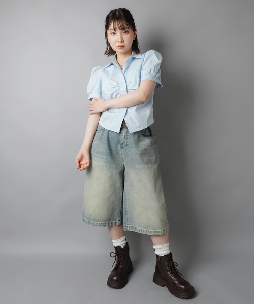 SPINNS（スピンズ）の「スキッパーネック半袖シャツ/ギャザー（シャツ/ブラウス・レディース・ブラック/オフホワイト/サックスブルー・ONESIZE）」の10枚目の写真