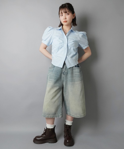 SPINNS（スピンズ）の「スキッパーネック半袖シャツ/ギャザー（シャツ/ブラウス・レディース・ブラック/オフホワイト/サックスブルー・ONESIZE）」の9枚目の写真