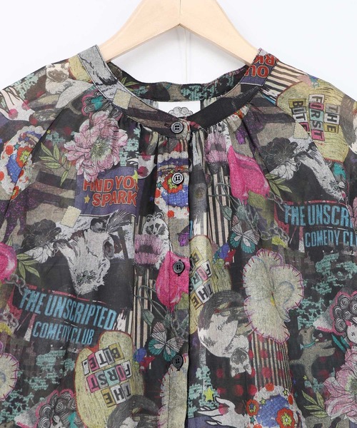 ScoLar（スカラー）の「161674：花ネコ柄シアー素材ティアードシャツワンピ（シャツワンピース・レディース・ネイビー/ブラック・M）」の11枚目の写真