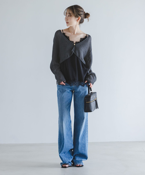 Noble（ノーブル）の「《追加・新色》ペーパーヤーン カノコショートVカーディガン（カーディガン/ボレロ・レディース・チャコールグレー/アイボリー・FREE）」の6枚目の写真