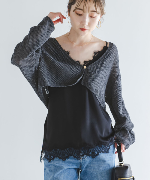 Noble（ノーブル）の「《追加・新色》ペーパーヤーン カノコショートVカーディガン（カーディガン/ボレロ・レディース・チャコールグレー/アイボリー・FREE）」の8枚目の写真