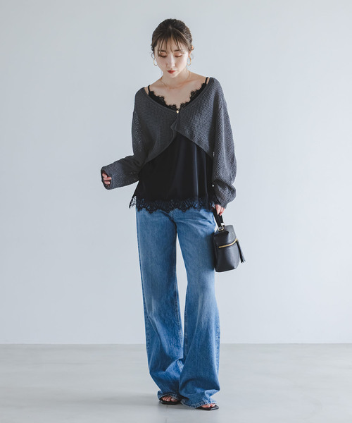 Noble（ノーブル）の「《追加・新色》ペーパーヤーン カノコショートVカーディガン（カーディガン/ボレロ・レディース・チャコールグレー/アイボリー・FREE）」の11枚目の写真