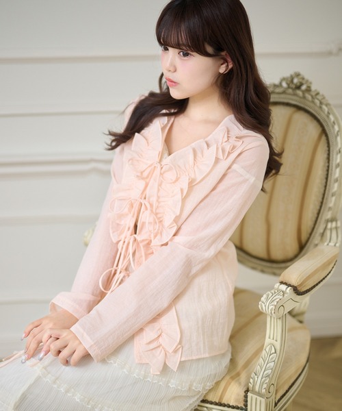 Anely(アネリー)の「Vネック ボリューム フリル リボン カーディガン(カーディガン/ボレロ・レディース・ピンク/アイボリー・FREE)」の1枚目の写真