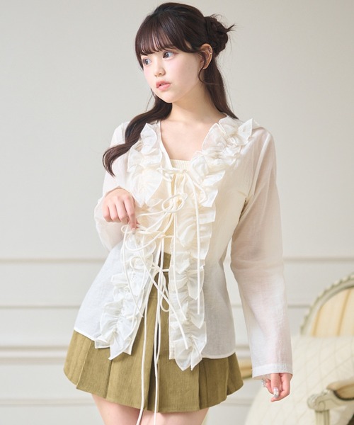 セール】Vネック ボリューム フリル リボン カーディガン