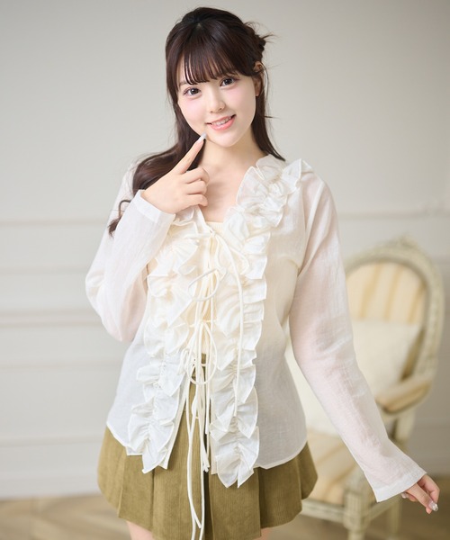 Anely(アネリー)の「Vネック ボリューム フリル リボン カーディガン(カーディガン/ボレロ・レディース・ピンク/アイボリー・FREE)」の3枚目の写真