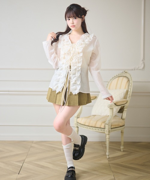 Anely(アネリー)の「Vネック ボリューム フリル リボン カーディガン(カーディガン/ボレロ・レディース・ピンク/アイボリー・FREE)」の5枚目の写真