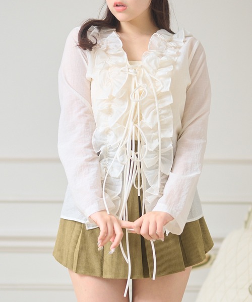 Anely(アネリー)の「Vネック ボリューム フリル リボン カーディガン(カーディガン/ボレロ・レディース・ピンク/アイボリー・FREE)」の6枚目の写真