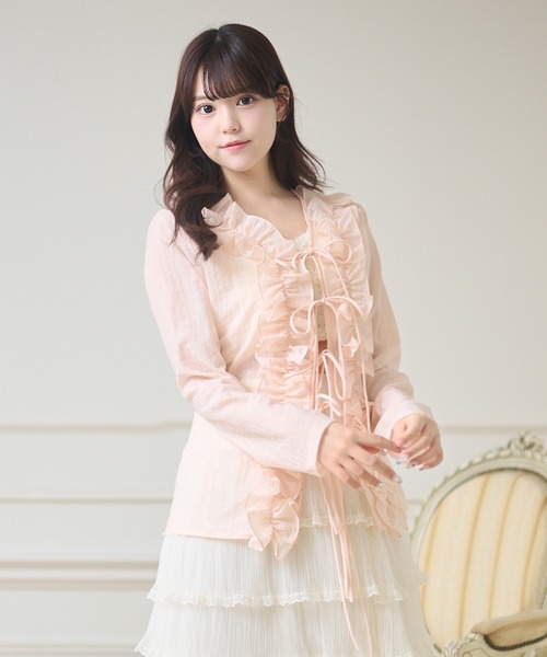 Anely(アネリー)の「Vネック ボリューム フリル リボン カーディガン(カーディガン/ボレロ・レディース・ピンク/アイボリー・FREE)」の10枚目の写真