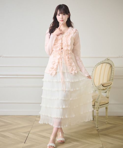 Anely(アネリー)の「Vネック ボリューム フリル リボン カーディガン(カーディガン/ボレロ・レディース・ピンク/アイボリー・FREE)」の11枚目の写真