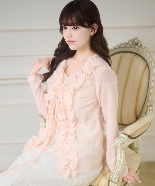 Anely(アネリー)の「Vネック ボリューム フリル リボン カーディガン(カーディガン/ボレロ・レディース・ピンク/アイボリー・FREE)」の13枚目の写真