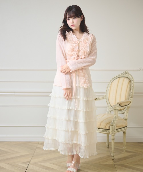 Anely(アネリー)の「Vネック ボリューム フリル リボン カーディガン(カーディガン/ボレロ・レディース・ピンク/アイボリー・FREE)」の14枚目の写真