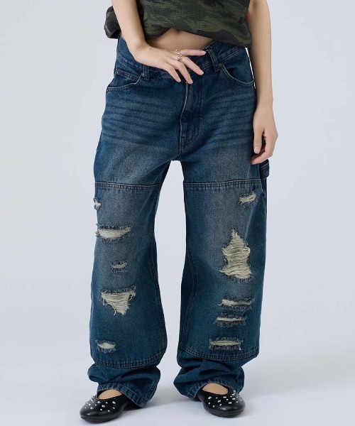 FTW(エフティダブリュー)の「DOUBLE KNEE DAMAGE PANTS(デニムパンツ・レディース・ブラック/インディゴブルー・SMALL/MEDIUM/LARGE)」の1枚目の写真