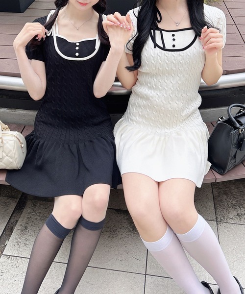 INGNI(イング)の「配色ケーブル半袖ニットワンピース(ワンピース・レディース・ピンク系9/ブラック×ホワイト/ホワイト×ブラック・M)」の2枚目の写真