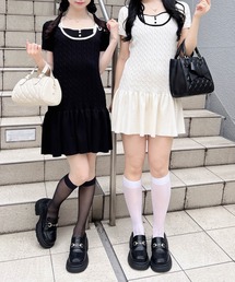 配色ケーブル半袖ニットワンピース