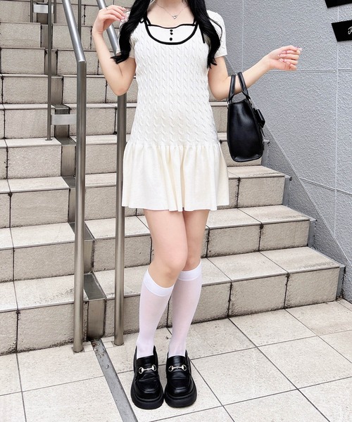 INGNI(イング)の「配色ケーブル半袖ニットワンピース(ワンピース・レディース・ピンク系9/ブラック×ホワイト/ホワイト×ブラック・M)」の11枚目の写真