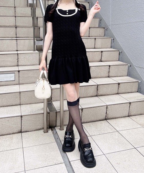 INGNI(イング)の「配色ケーブル半袖ニットワンピース(ワンピース・レディース・ピンク系9/ブラック×ホワイト/ホワイト×ブラック・M)」の17枚目の写真