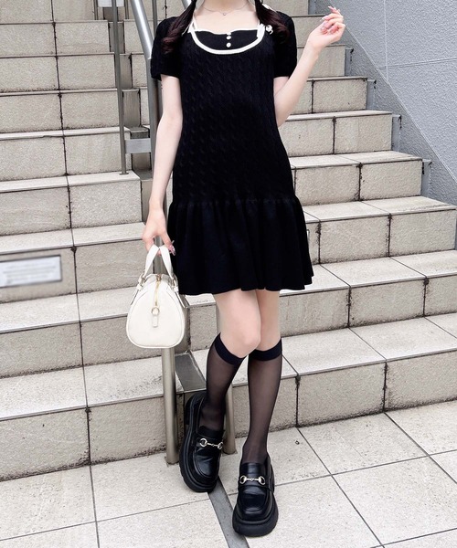 INGNI(イング)の「配色ケーブル半袖ニットワンピース(ワンピース・レディース・ピンク系9/ブラック×ホワイト/ホワイト×ブラック・M)」の18枚目の写真