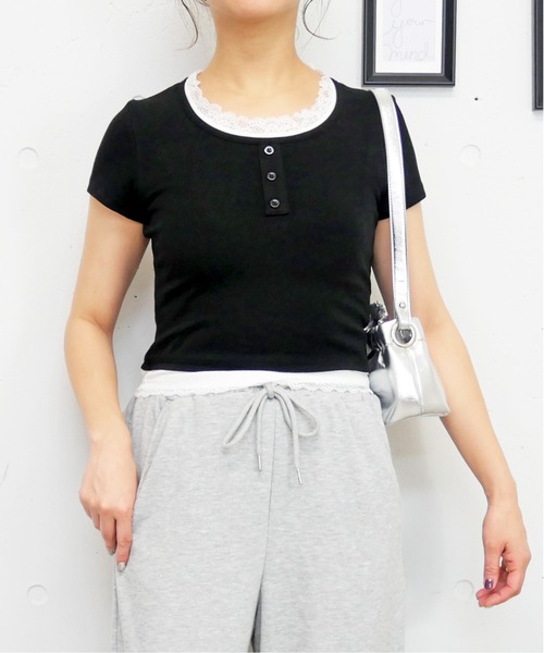 FUN（ファン）の「ヘンリーレースプルオーバー（Tシャツ/カットソー・レディース・ピンク/イエロー/アイボリー/ブラック/グレー・FREE）」の3枚目の写真