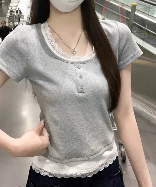 FUN（ファン）の「ヘンリーレースプルオーバー（Tシャツ/カットソー・レディース・ピンク/イエロー/アイボリー/ブラック/グレー・FREE）」の6枚目の写真