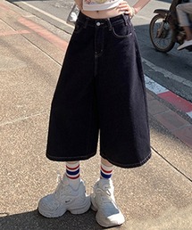 DAY CLOSET | 【大きいサイズ有/膝下丈/ハイウエスト/ウォッシュ加工】ゆったりワイドシルエット。バギーハーフデニムパンツ レディース(デニムパンツ)
