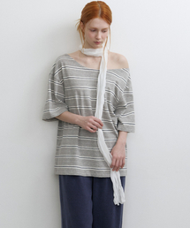 Off-shoulder stripe T-shirt [KNSS09TS15]_Gray