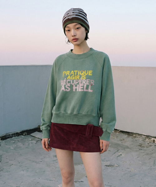LENGAGEMENT(ランガージュマン)の「Hell-Raising Salt-Washed Raglan Crop Sweatshirt (Green)(スウェット・レディース・グリーン・1/2)」の1枚目の写真