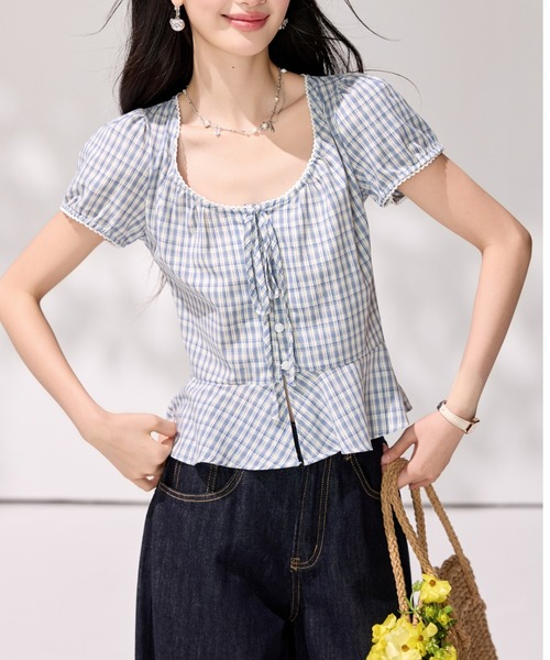LUCPY(ラクピー)の「ギンガムチェックシャーリングブラウス(シャツ/ブラウス・レディース・ブルー・SMALL/MEDIUM/LARGE/X-LARGE)」の3枚目の写真