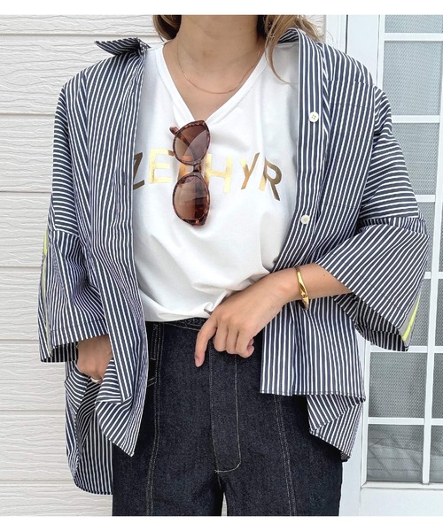 Q(キュー)の「シルケットメタリックロゴT(Tシャツ/カットソー・レディース・グリーン/ブラウン/ホワイト・MEDIUM)」の5枚目の写真