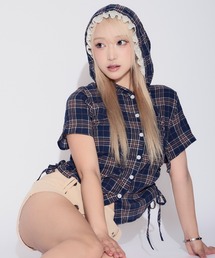 tinkerend | Side Gathered Check Lace Shirt Hoodie / サイドギャザーチェックレースシャツパーカー(シャツ/ブラウス)