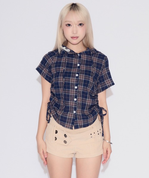 tinkerend（ティンカーエンド）の「Side Gathered Check Lace Shirt Hoodie / サイドギャザーチェックレースシャツパーカー（シャツ/ブラウス・レディース・ブラック/ネイビー/ライトブルー/スモークピンク・FREE）」の13枚目の写真