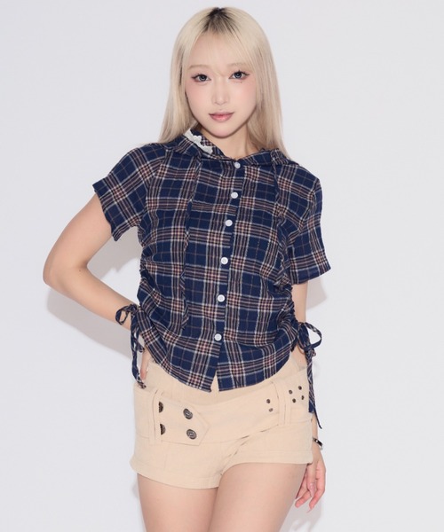 tinkerend（ティンカーエンド）の「Side Gathered Check Lace Shirt Hoodie / サイドギャザーチェックレースシャツパーカー（シャツ/ブラウス・レディース・ブラック/ネイビー/ライトブルー/スモークピンク・FREE）」の14枚目の写真