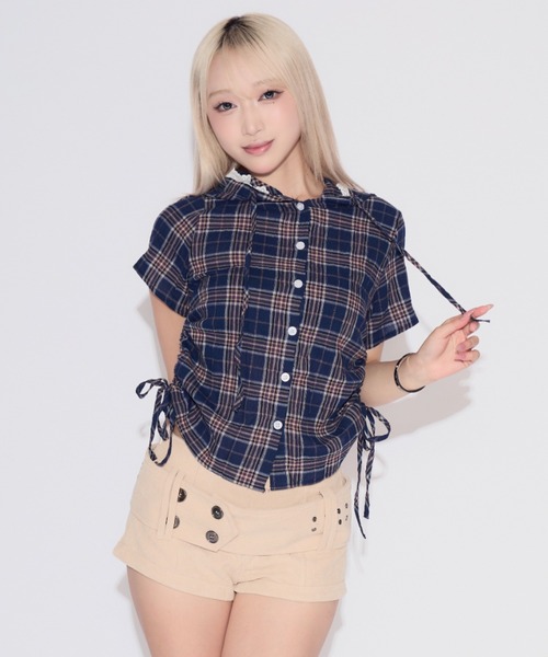 tinkerend（ティンカーエンド）の「Side Gathered Check Lace Shirt Hoodie / サイドギャザーチェックレースシャツパーカー（シャツ/ブラウス・レディース・ブラック/ネイビー/ライトブルー/スモークピンク・FREE）」の15枚目の写真