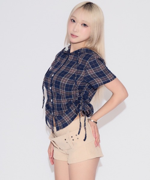 tinkerend（ティンカーエンド）の「Side Gathered Check Lace Shirt Hoodie / サイドギャザーチェックレースシャツパーカー（シャツ/ブラウス・レディース・ブラック/ネイビー/ライトブルー/スモークピンク・FREE）」の16枚目の写真