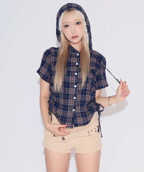 tinkerend（ティンカーエンド）の「Side Gathered Check Lace Shirt Hoodie / サイドギャザーチェックレースシャツパーカー（シャツ/ブラウス・レディース・ブラック/ネイビー/ライトブルー/スモークピンク・FREE）」の17枚目の写真