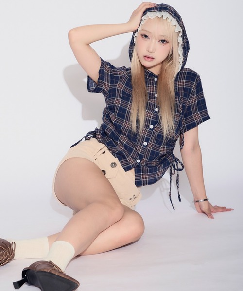 tinkerend（ティンカーエンド）の「Side Gathered Check Lace Shirt Hoodie / サイドギャザーチェックレースシャツパーカー（シャツ/ブラウス・レディース・ブラック/ネイビー/ライトブルー/スモークピンク・FREE）」の22枚目の写真