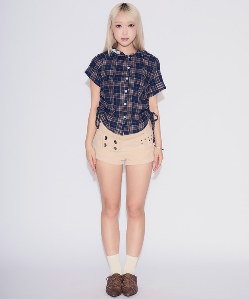 tinkerend（ティンカーエンド）の「Side Gathered Check Lace Shirt Hoodie / サイドギャザーチェックレースシャツパーカー（シャツ/ブラウス・レディース・ブラック/ネイビー/ライトブルー/スモークピンク・FREE）」の19枚目の写真