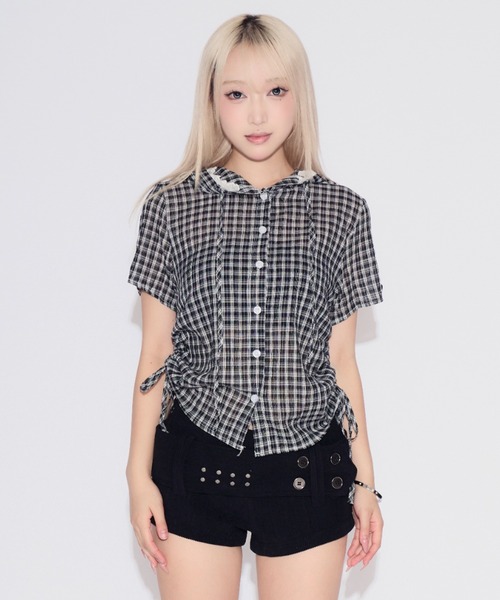 tinkerend（ティンカーエンド）の「Side Gathered Check Lace Shirt Hoodie / サイドギャザーチェックレースシャツパーカー（シャツ/ブラウス・レディース・ブラック/ネイビー/ライトブルー/スモークピンク・FREE）」の5枚目の写真