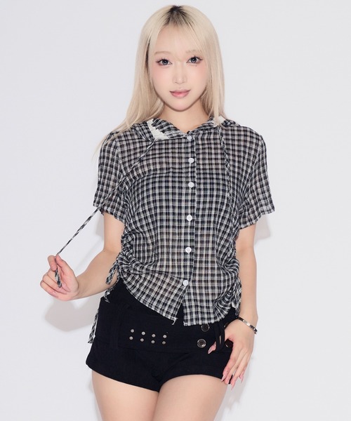 tinkerend（ティンカーエンド）の「Side Gathered Check Lace Shirt Hoodie / サイドギャザーチェックレースシャツパーカー（シャツ/ブラウス・レディース・ブラック/ネイビー/ライトブルー/スモークピンク・FREE）」の6枚目の写真
