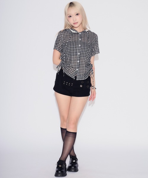 tinkerend（ティンカーエンド）の「Side Gathered Check Lace Shirt Hoodie / サイドギャザーチェックレースシャツパーカー（シャツ/ブラウス・レディース・ブラック/ネイビー/ライトブルー/スモークピンク・FREE）」の10枚目の写真