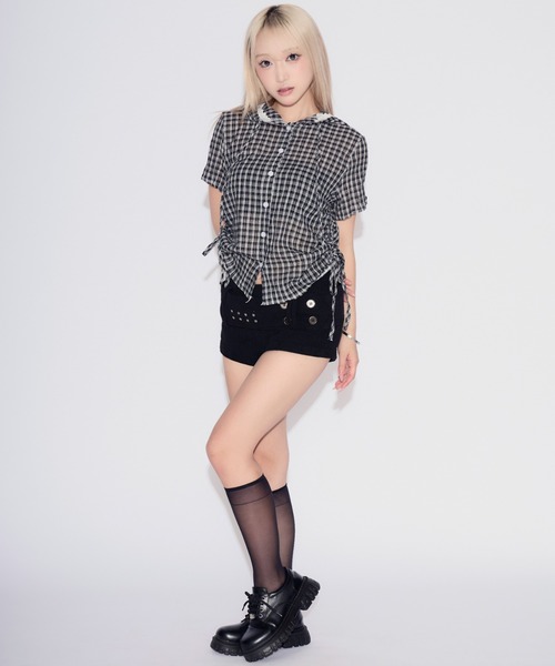 tinkerend（ティンカーエンド）の「Side Gathered Check Lace Shirt Hoodie / サイドギャザーチェックレースシャツパーカー（シャツ/ブラウス・レディース・ブラック/ネイビー/ライトブルー/スモークピンク・FREE）」の11枚目の写真
