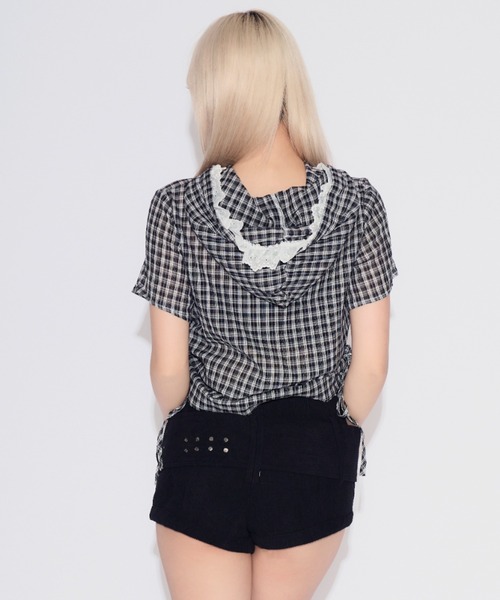tinkerend（ティンカーエンド）の「Side Gathered Check Lace Shirt Hoodie / サイドギャザーチェックレースシャツパーカー（シャツ/ブラウス・レディース・ブラック/ネイビー/ライトブルー/スモークピンク・FREE）」の8枚目の写真