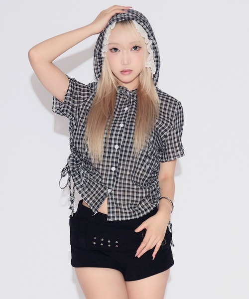 tinkerend（ティンカーエンド）の「Side Gathered Check Lace Shirt Hoodie / サイドギャザーチェックレースシャツパーカー（シャツ/ブラウス・レディース・ブラック/ネイビー/ライトブルー/スモークピンク・FREE）」の7枚目の写真