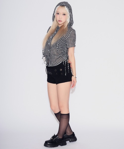 tinkerend（ティンカーエンド）の「Side Gathered Check Lace Shirt Hoodie / サイドギャザーチェックレースシャツパーカー（シャツ/ブラウス・レディース・ブラック/ネイビー/ライトブルー/スモークピンク・FREE）」の12枚目の写真